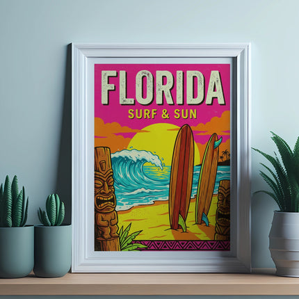 Florida Surf & Sun framed print with waves, surfboards, and palm trees.