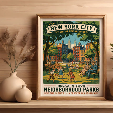 New York City neighborhoods park scene vintage poster with text.