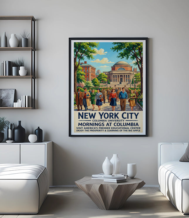 New York City Mornings at Columbia University vintage travel poster.