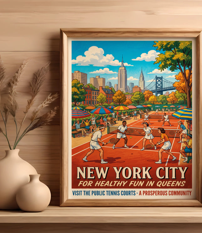 Vintage poster of people playing tennis in New York City with text "New York City for Healthy Fun in Queens".