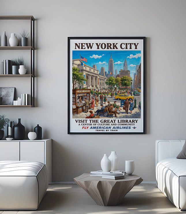 New York City poster for the Great Library, featuring American Airlines and travel by train.