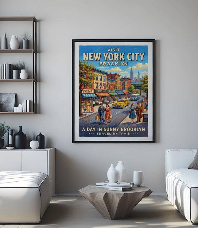 Visit New York City Brooklyn retro travel poster showing a street scene.