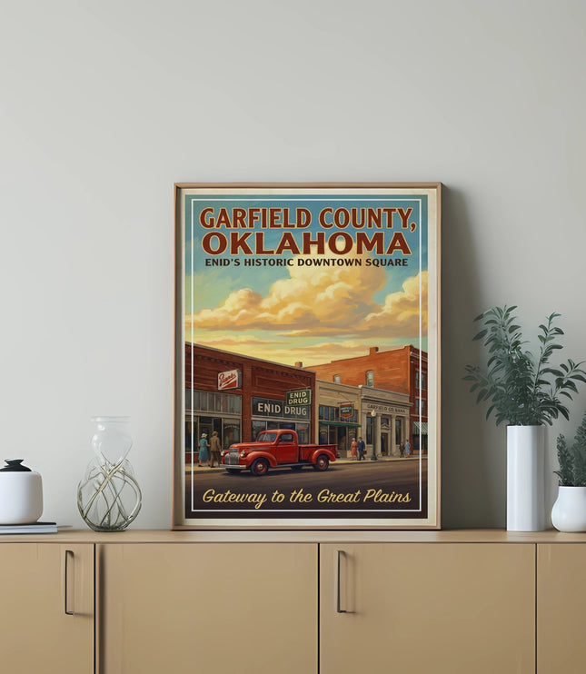 Garfield County, Oklahoma poster showing Enid's historic downtown square and a red truck.