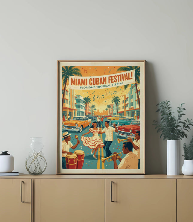 Miami Cuban Festival Florida's Tropical Fiesta poster with dancers and classic cars.