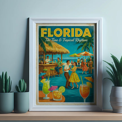 Vintage Florida postcard featuring dancers at a tiki bar with palm trees and cocktails.