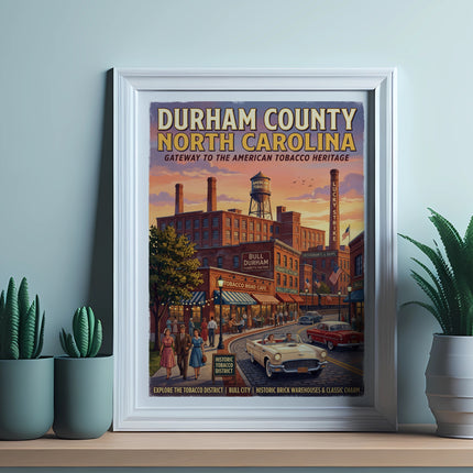 Durham County North Carolina vintage travel poster with tobacco heritage scene.