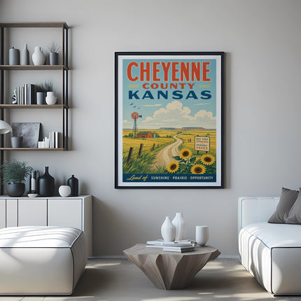 Cheyenne County Kansas vintage travel poster with sunflowers and windmill.