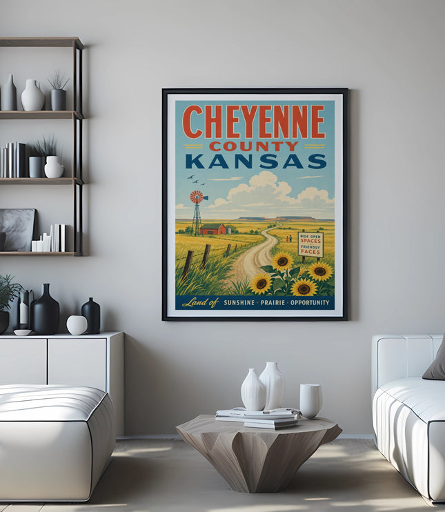 Cheyenne County Kansas vintage travel poster with sunflowers and windmill.