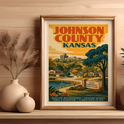 Johnson County, Kansas vintage travel poster with text about great schools and parks.