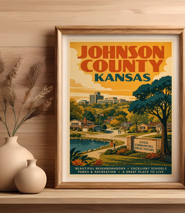 Johnson County, Kansas vintage travel poster with text about great schools and parks.