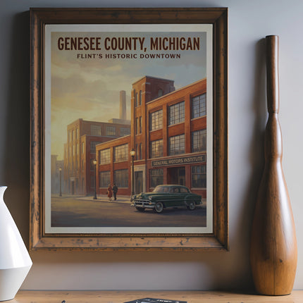 Genesee County, Michigan Flint's Historic Downtown art, shows buildings and vintage car.