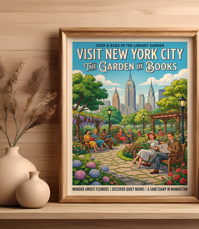 Vintage poster of New York City skyline from a garden with people reading.