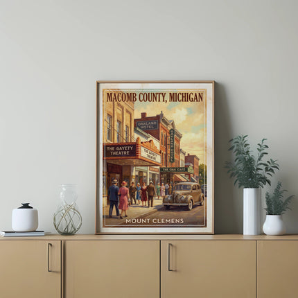 Vintage poster of Macomb County, Michigan, featuring Mount Clemens street scene.