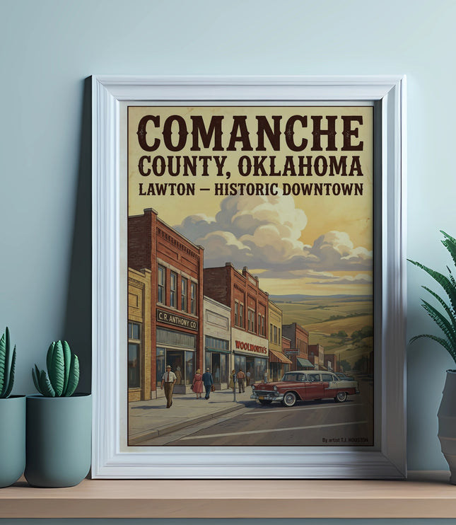 Comanche County, Oklahoma Lawton Historic Downtown poster with vintage buildings and car.