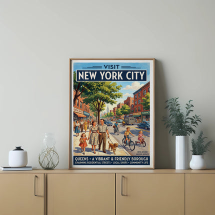 Vintage travel poster of Jackson Heights, Queens, New York City street scene.