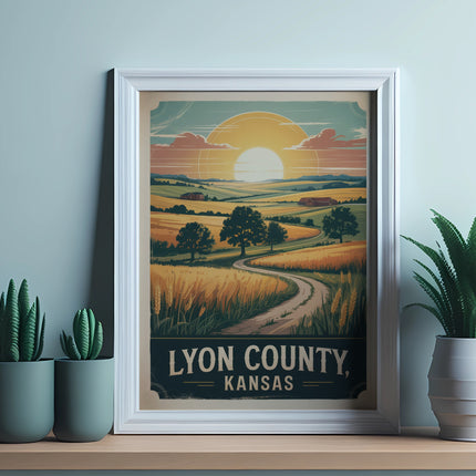 Framed artwork depicts a rural Kansas landscape with a winding road and sunset.