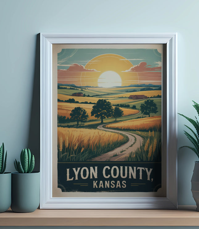 Framed artwork depicts a rural Kansas landscape with a winding road and sunset.