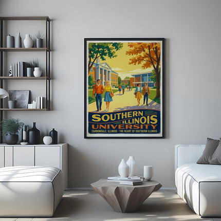 Vintage poster for Southern Illinois University, featuring Pulliam Hall and Student Center.