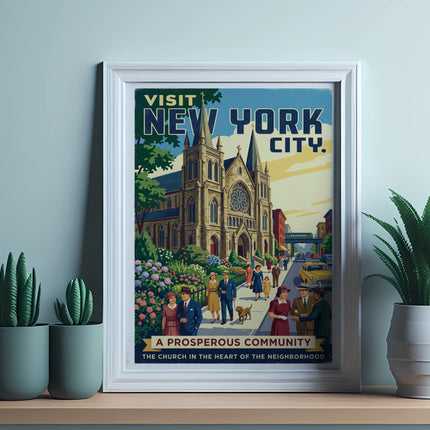 Vintage poster of New York City with a church and people.