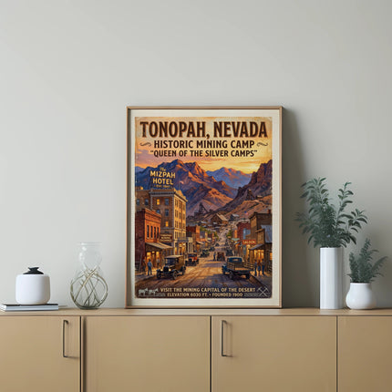 Tonopah, Nevada historic mining camp vintage travel poster with Mizpah Hotel and Saloon.