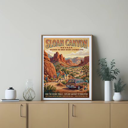 Sloan Canyon Nevada vintage travel poster with desert landscape and petroglyphs.