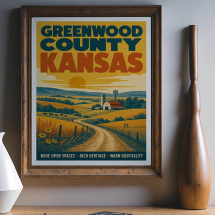 Greenwood County Kansas travel poster with farm scene and text.