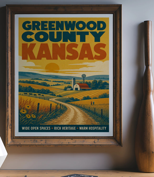 Greenwood County Kansas travel poster with farm scene and text.
