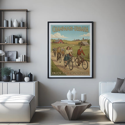 Vintage poster of people cycling through countryside with "Champaign-Urbana" text.