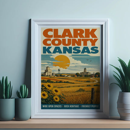 Vintage travel poster for Clark County Kansas featuring sunflowers and rural landscape.
