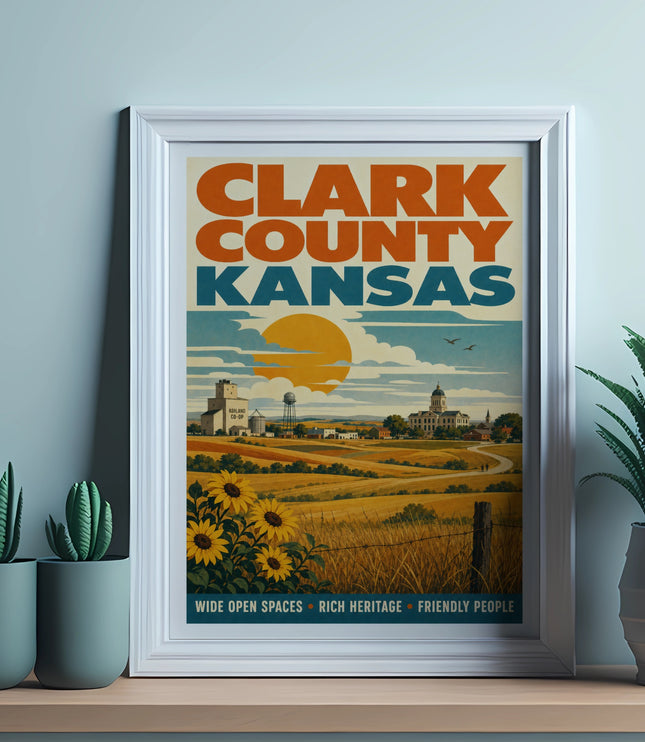 Vintage travel poster for Clark County Kansas featuring sunflowers and rural landscape.