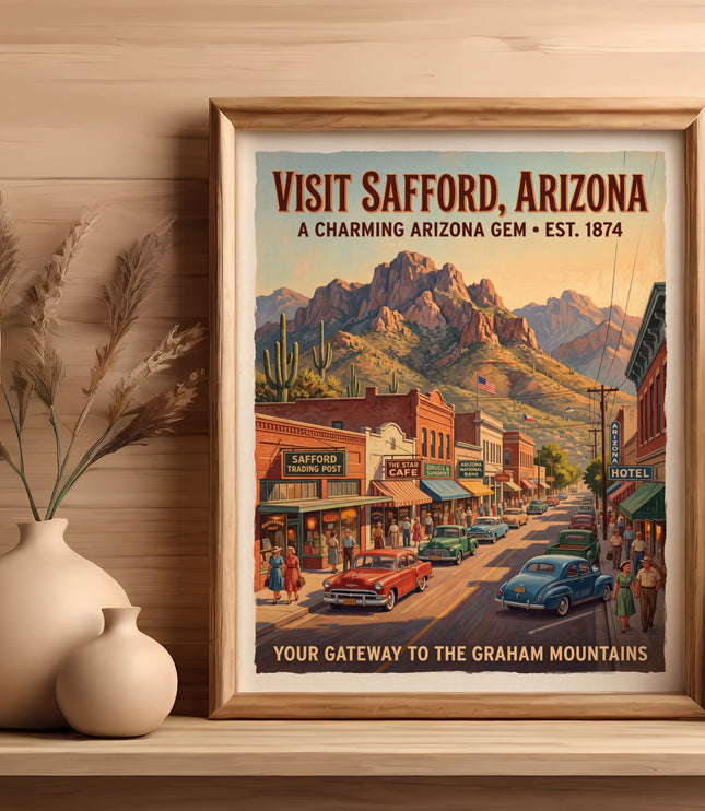 Vintage poster for Safford, Arizona, showing a street scene with mountains.