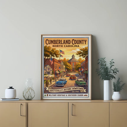 Cumberland County North Carolina historic downtown art with vintage cars and buildings.