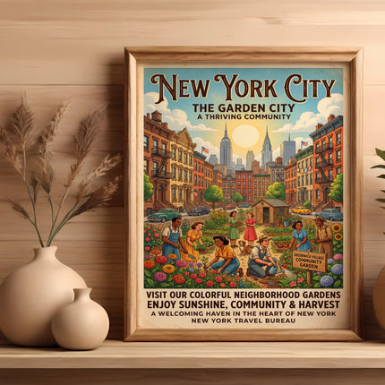 New York City Garden City poster featuring a colorful community garden scene and text.