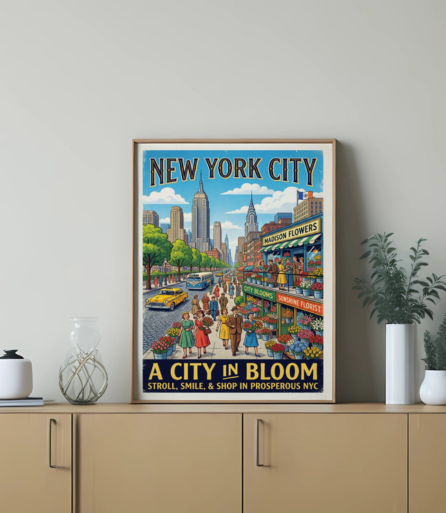 New York City skyline with people, flowers, and text "A City in Bloom".