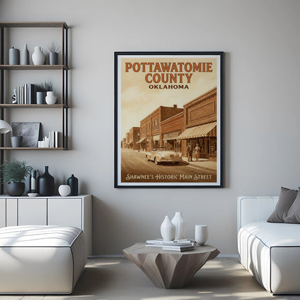 Framed poster of Pottawatomie County, Oklahoma, featuring Shawnee's Main Street.