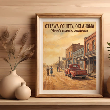 Framed art print of Ottawa County, Oklahoma, Miami's Historic Downtown vintage scene.