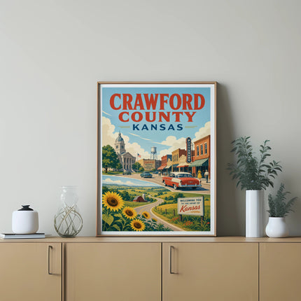 Crawford County, Kansas travel poster with vintage car, sunflowers, and city skyline.