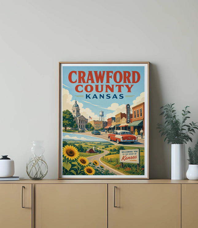 Crawford County, Kansas travel poster with vintage car, sunflowers, and city skyline.
