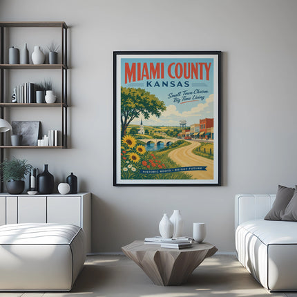 Framed poster of Miami County, Kansas, with "Small Town Charm" and "Historic Roots Bright Future" text.