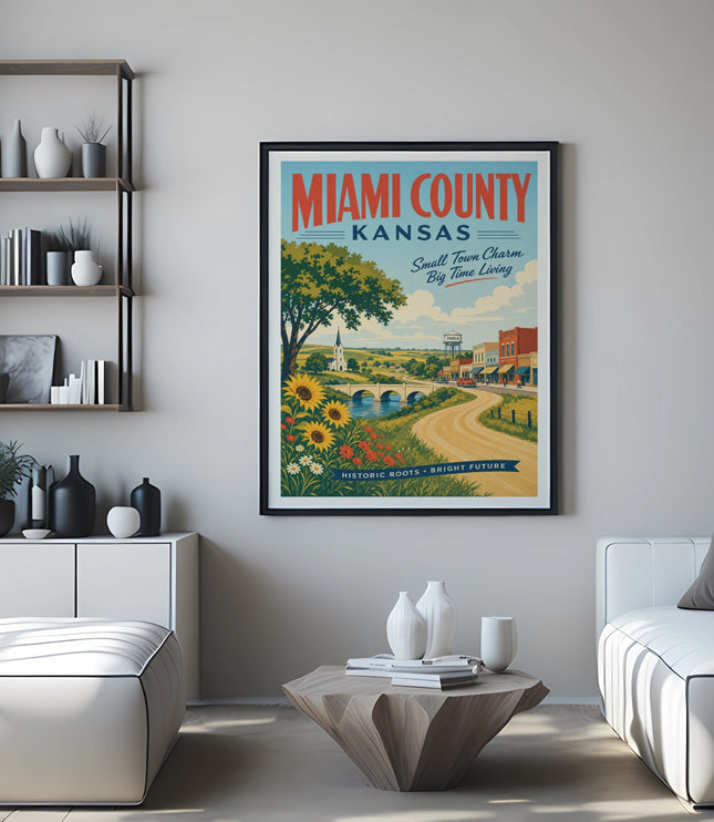 Framed poster of Miami County, Kansas, with "Small Town Charm" and "Historic Roots Bright Future" text.
