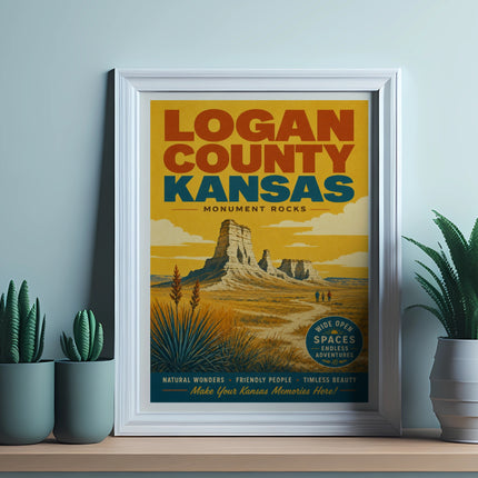 Logan County Kansas Monument Rocks poster featuring rock formations and text about spaces and adventures.