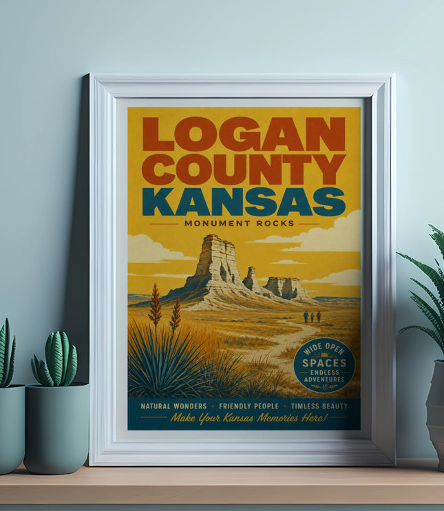 Logan County Kansas Monument Rocks poster featuring rock formations and text about spaces and adventures.