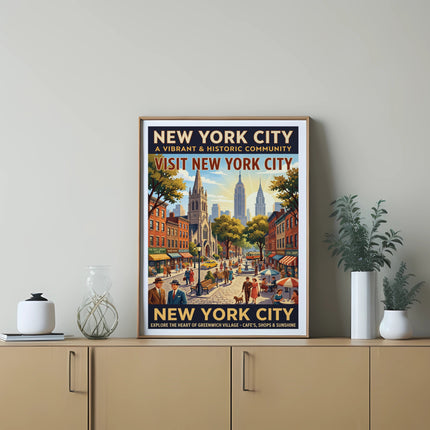 Vintage New York City poster featuring Greenwich Village cafes, shops, and sunshine.