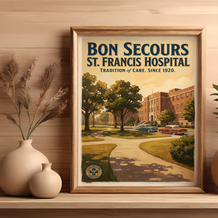 Bon Secours St. Francis Hospital poster with vintage cars and trees.
