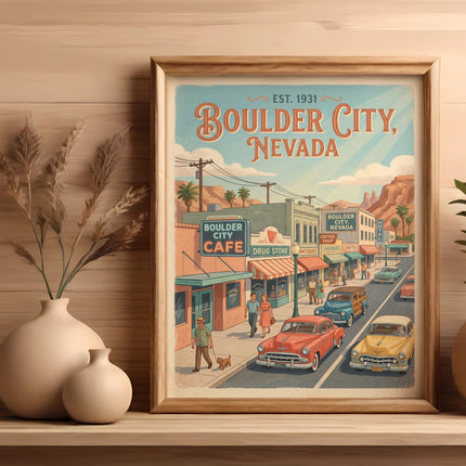 Vintage travel poster of Boulder City, Nevada with cars and buildings.