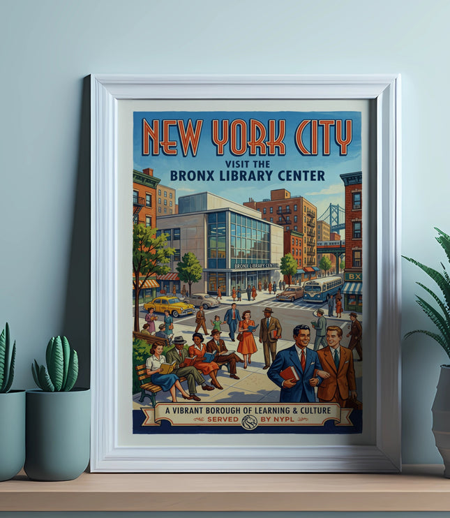 New York City poster with Bronx Library Center, featuring people and city buildings.