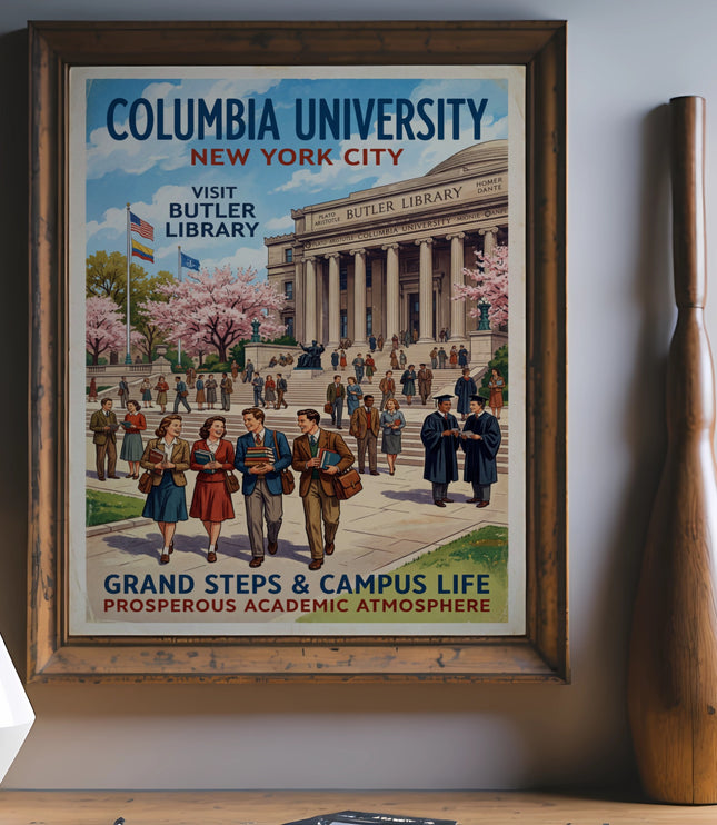 Columbia University New York City Butler Library poster with students on campus.