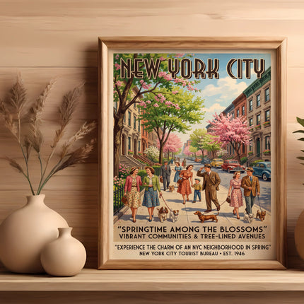 New York City springtime street scene with people and dogs, framed print.