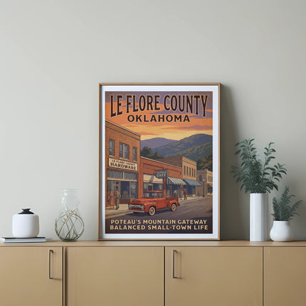 Le Flore County Oklahoma vintage travel poster featuring a small town main street scene.