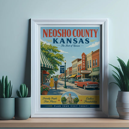 Neosho County, Kansas retro travel poster featuring a vintage car and shops.